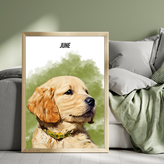 Framed picture of a golden retriever with 'JUNE' text on a green wall.